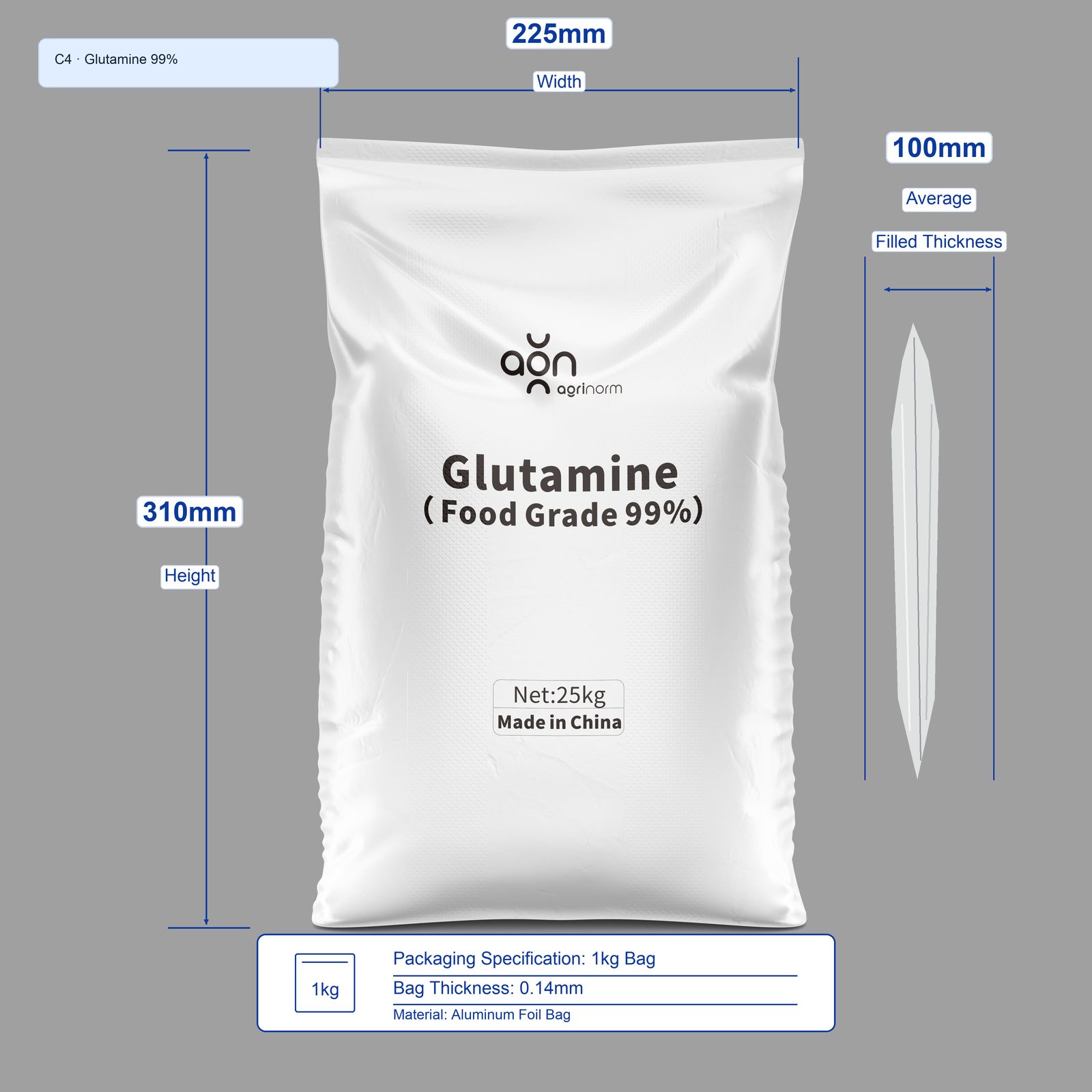 Glutamine 99% 1kg bag dimensions