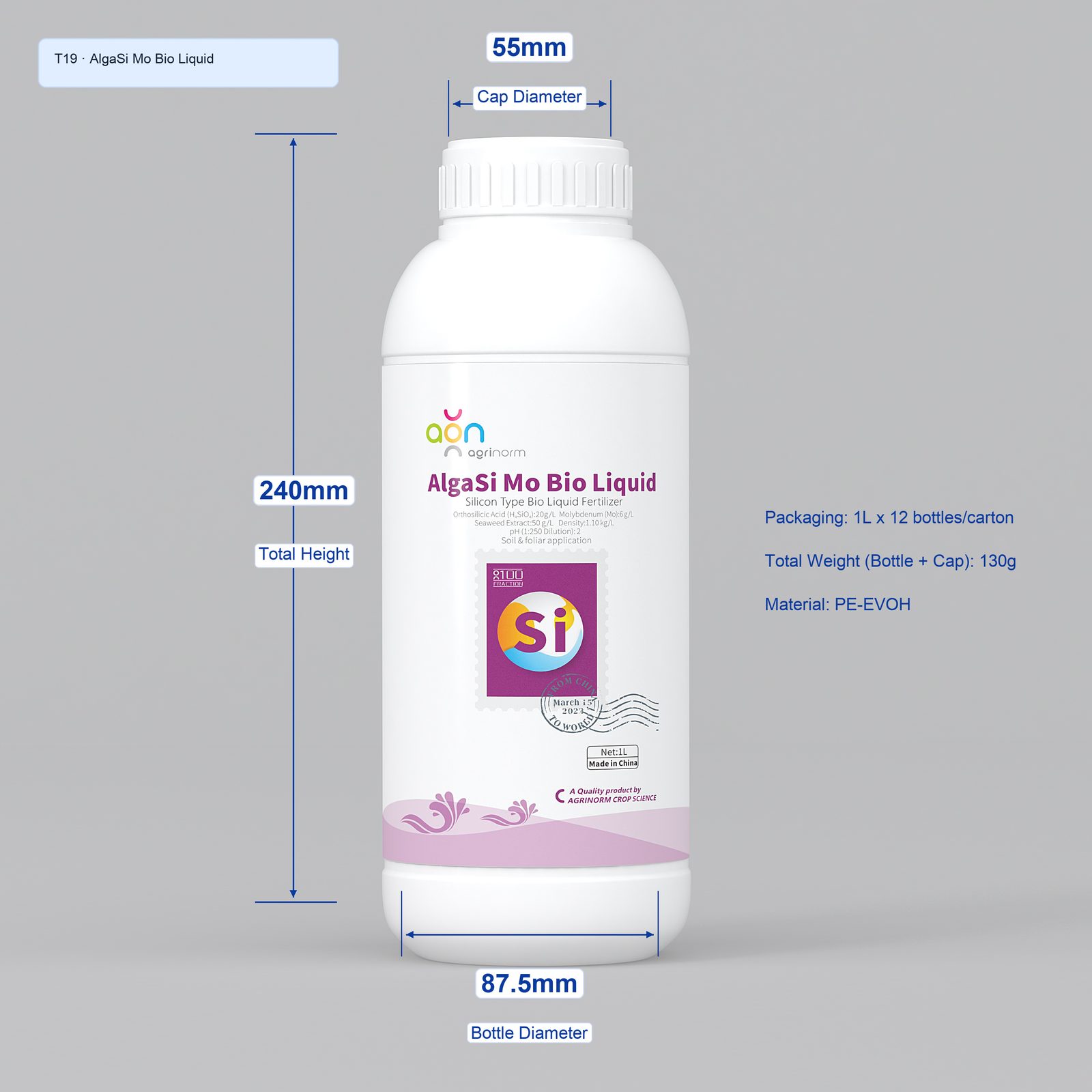 AlgaSi Mo Bio Liquid 1L bottle dimensions
